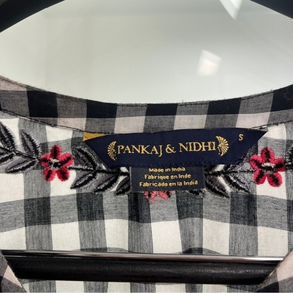 Anthropologie Pankaj and Nidhi Gingham Check Applique Cotton Top S NWOT - Picture 15 of 16